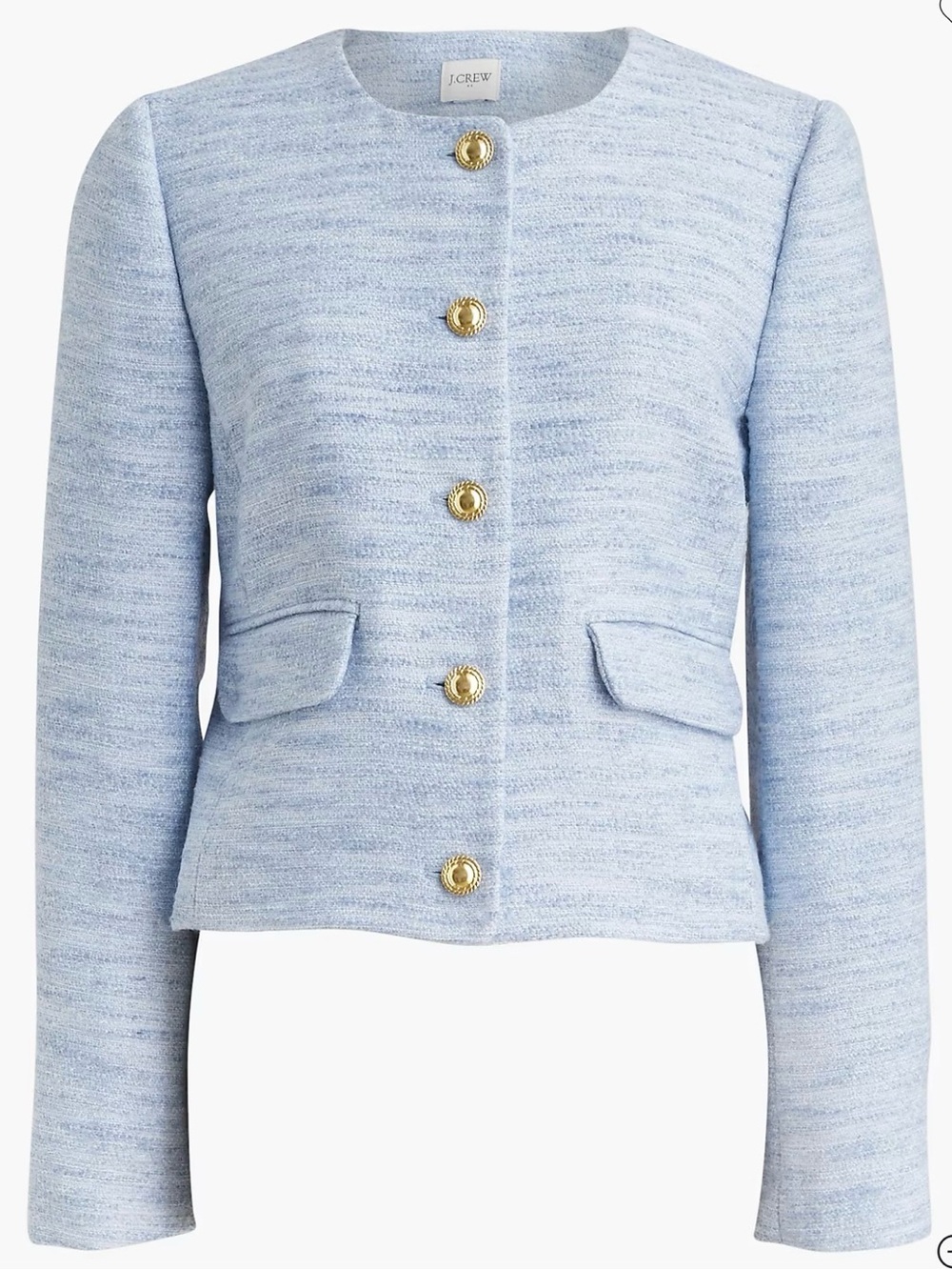 J. Crew Factory Light Blue Tweed Collarless Blazer with Gold Buttons